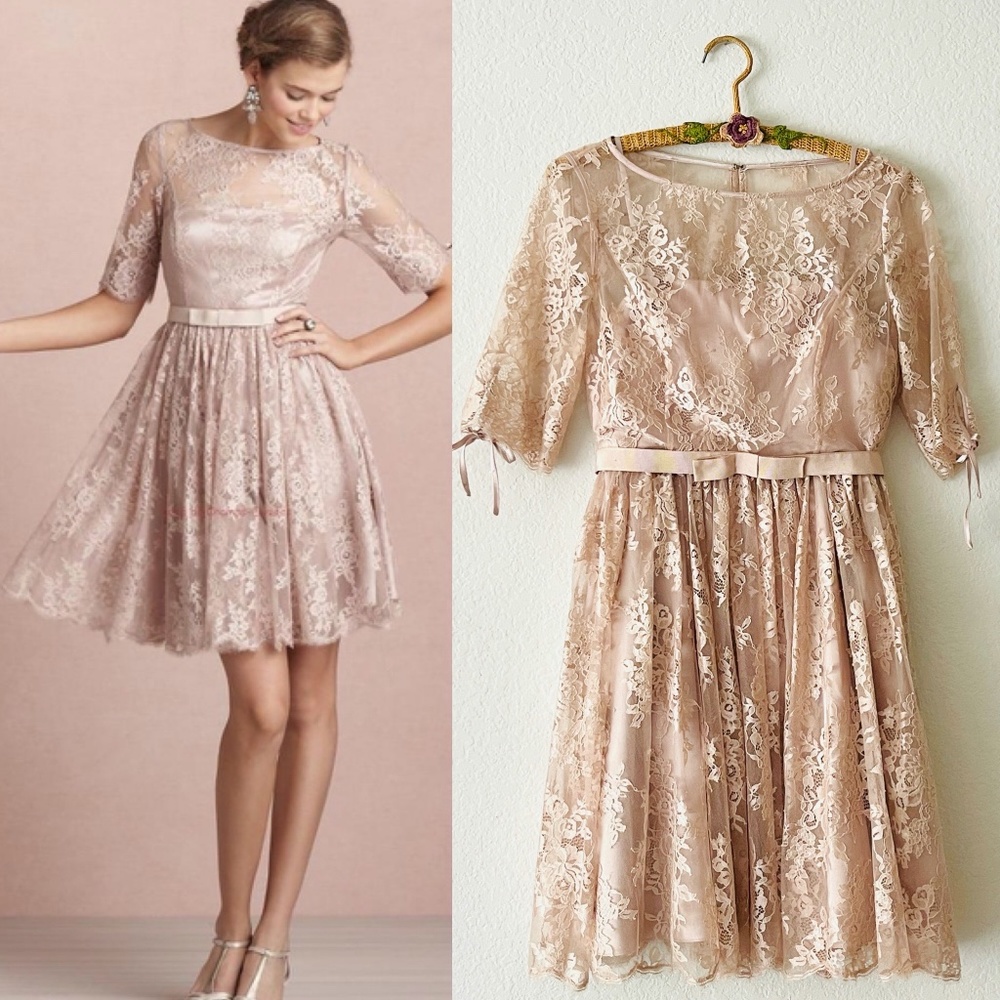 Quillaree A-line Sash Scoop Lace Half Sleeve Wedding Dresses Peach - 4